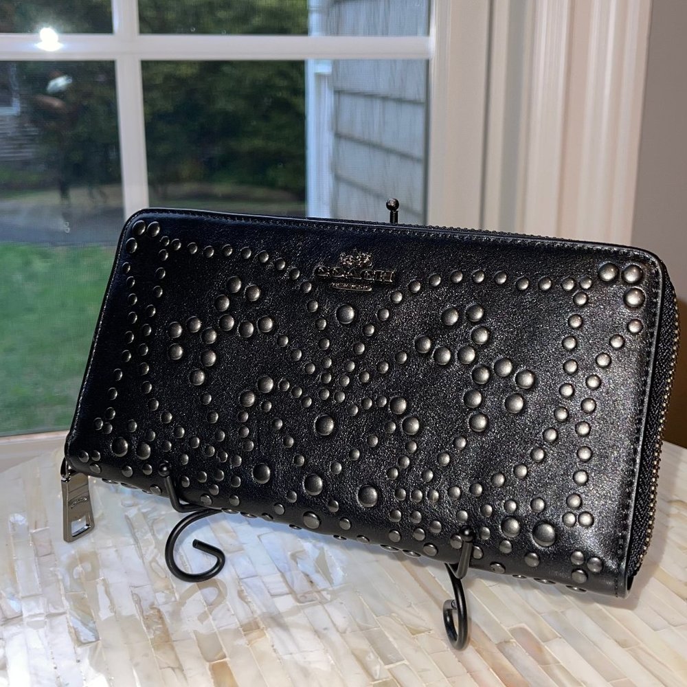 Black Studded Coach Long Wallet Zip